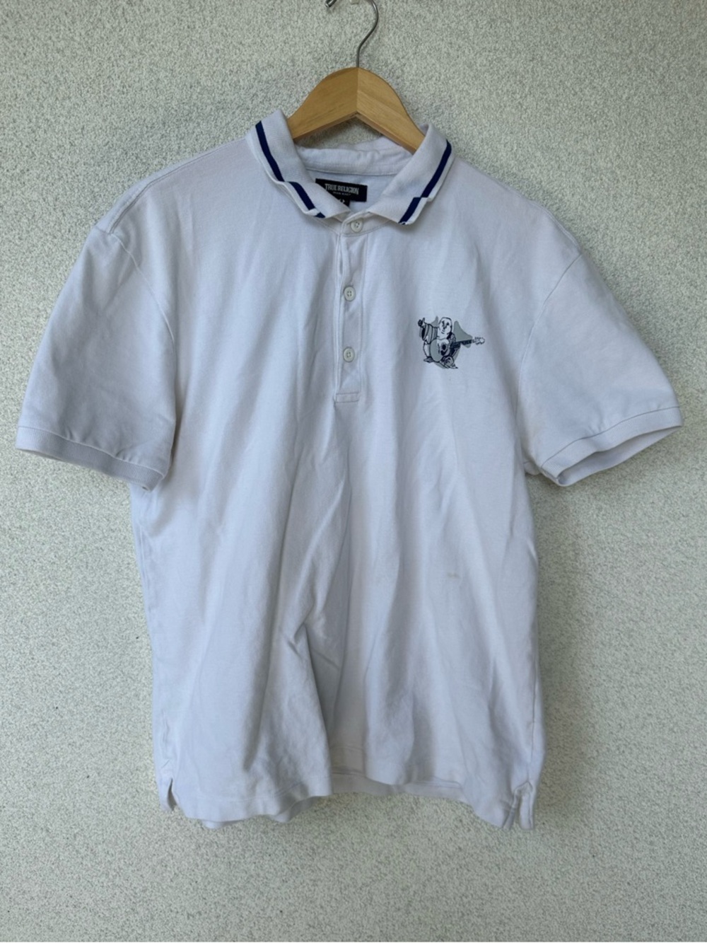 True Religion Buddha Guitar Polo Shirt Medium White Navy Graphic — Stain As-Is
